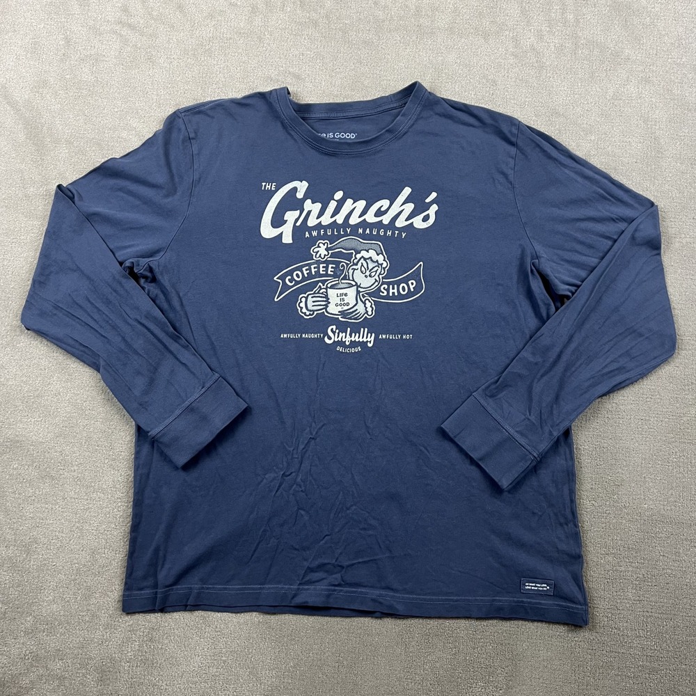 Life is Good The Grinch Coffee Shop Long Sleeve Shirt Mens XL Blue Crusher Tee